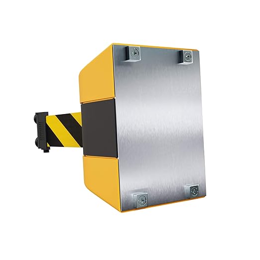 Crowd Control Warehouse - CCW Series WMB-220 Magnetic Wall Mount Retractable Belt Barrier -15 Foot Belt, Black and Yellow Safety Belt with Yellow ABS Case, Crowd Control Barriers