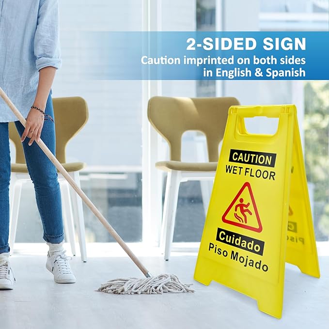 4-Pack Caution Wet Floor Sign, 17.5" Height, Bright Yellow, Double-Sided A-Shaped Frame Design, Bilingual Caution Message