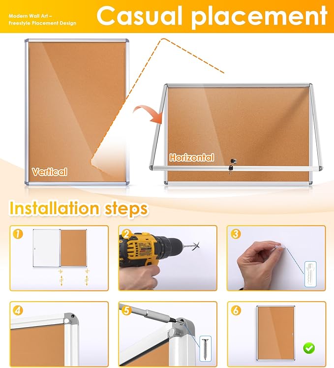 SWANCROWN Enclosed Bulletin Cork Board 36x24 in, Lockable Bulletin Board Tamperproof Wall Display Case for Office School Trade Community, Aluminum Frame