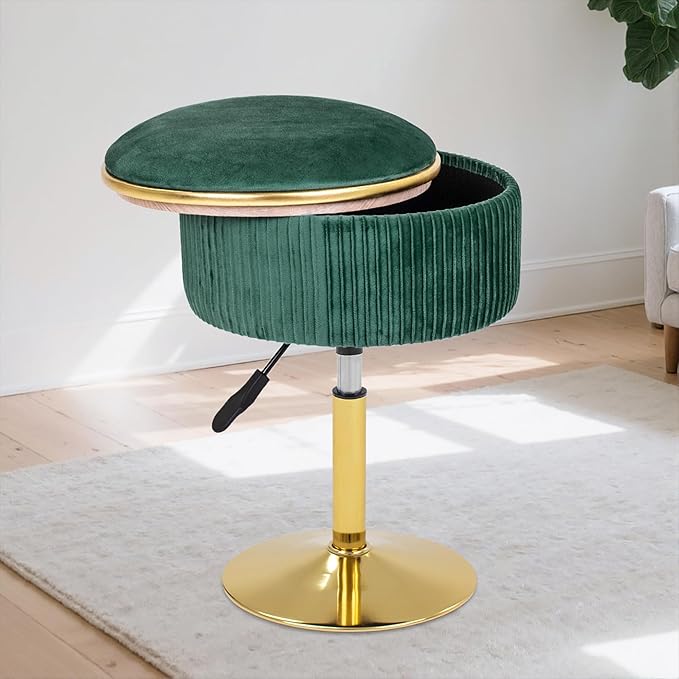 Adjustable Vanity Stool with Storage, 360° Swivel Makeup Stool Chair Small Velvet Round Ottoman with Gold Base for Bedroom, Green