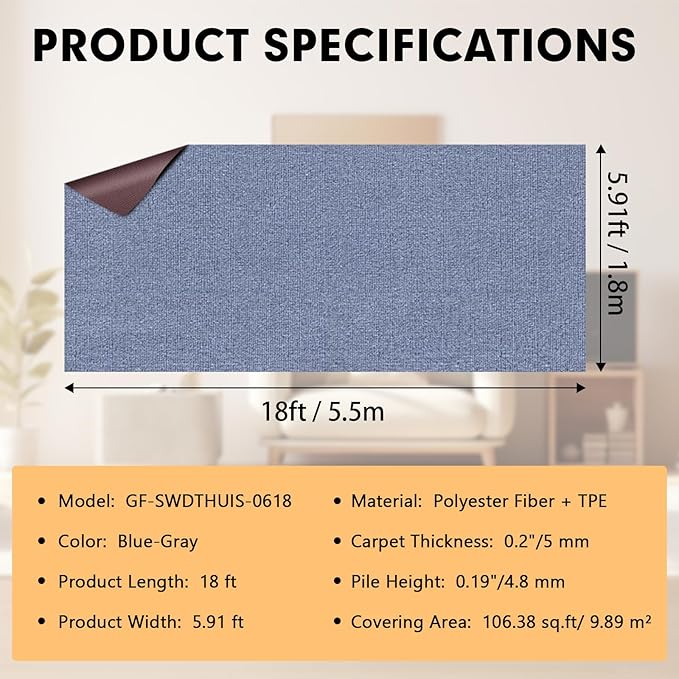 Marine Carpet,6 FT x 18 FT Blue-Gray Indoor Outdoor Carpet 0.2" Thick Boat Carpet with Water-Proof TPE Backing, Non-Slide Outdoor Marine Carpet Roll for Home, Patio, Porch, Deck