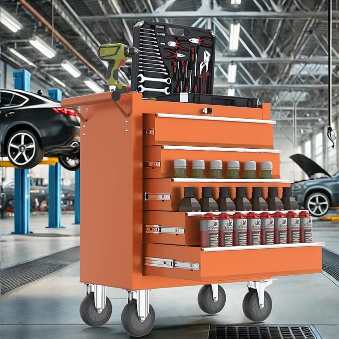 5-Drawers Garage Tool Chest, Large Capacity Tool Cabinet Heavy Duty Mechanic Rolling Tool Box Metal Locking Tool Cart with Drawers and Wheels for Storage