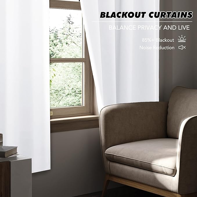 KGORGE 63 inch Curtains 2 Panel Set, Privacy Light Filtering Drapes Thermal Insulation Noise Reducing Curtains for Kids Room Living Room Closet Cover, W52 x L63 inches, White, 2 Panels