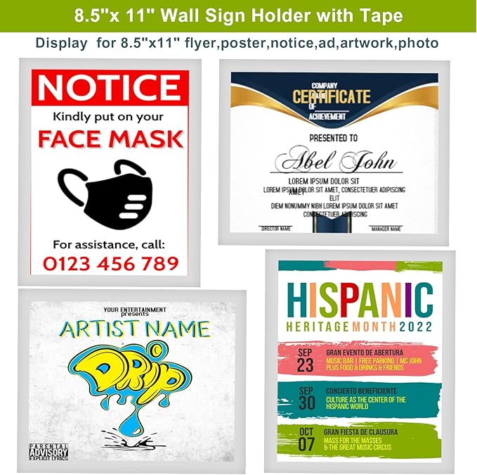 Acrylic Sign Holder 8.5" x 11" Wall Mount - Plastic Wall Sign Holder With Tape,Clear Plexiglass Self-adhesive Acrylic Frames, Door Sign Holder, No Drilling, 3 Pack Silver