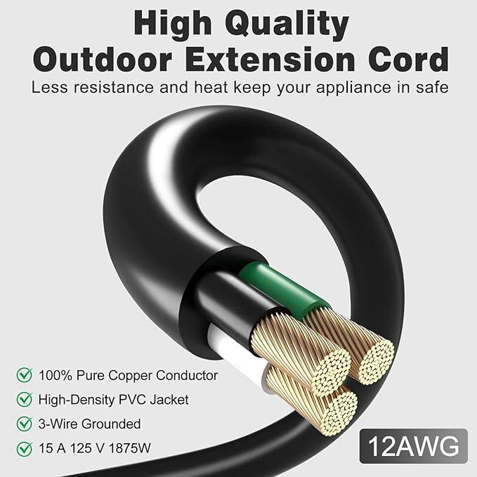 3FT 2 Pack 12 Gauge 3 Outlet Outdoor Extension Cord 12/3 Heavy Duty SJTW Power Cord 3 Way Waterproof Power Cable 3 Prong Grounded 12AWG 15Amp 1875W ETL Listed