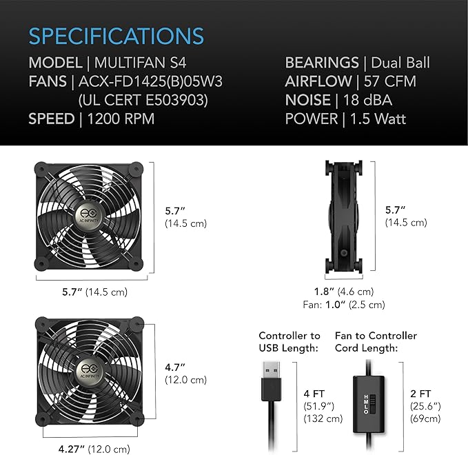 AC Infinity MULTIFAN S4, Quiet 140mm USB Fan, UL-Certified for Receiver DVR PlayStation Xbox Computer Cabinet Cooling