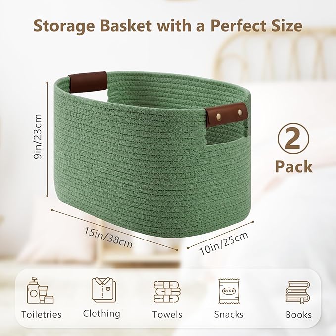 Cotton Rope Basket, Storage Baskets with Handle, 15x10x9 Inch Woven Basket for Shelves, Laundry, Towels, Clothes, Books (Green 2Pack)