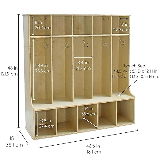 Factory Direct Partners Birch 5-Section Coat Locker with Bench, 10 Storage Cubbies and Coat Hooks; Durable, Sturdy Furniture for Home, Daycare, Preschool, Montessori Classroom