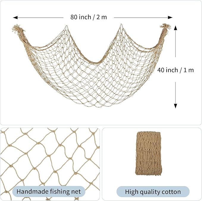 Decorative Fishing Net 80x40 Inch, Patioland Large Caramel Picture Fish Net, Wall Photo Hanging Fishnet for Nautical Mermaid Pirate Ocean Themed Hawaii Beach Under The Sea Party Decorations (1 Pack)