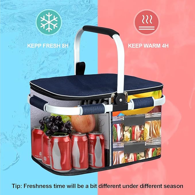 LIQING 35L Large Picnic Basket 2 Layers of Internal Pockets Leak-Proof and Insulated ，Folding with Internal Support for enhansed Stability, Wedding Gifts for Couple(Navy Blue)