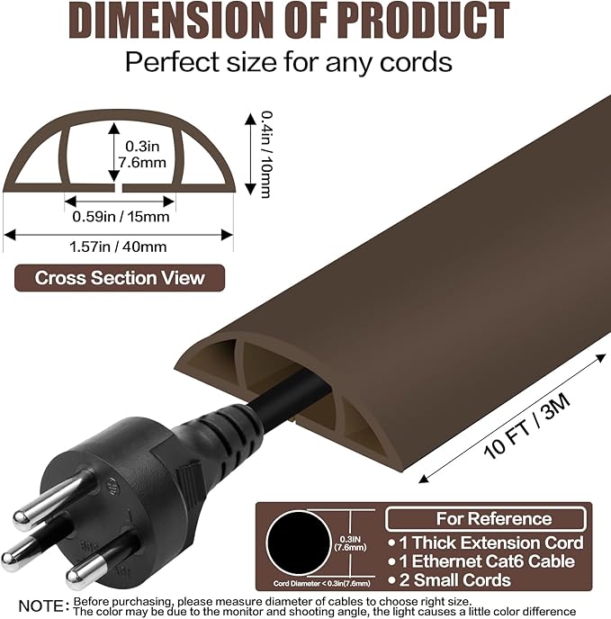 Floor Cord Cover Cable Cavity Self Adhesive Cord Hider Floor 10FT Floor Cable Management Power Cord Protector Floor Electric Cord Covers for Offices, Gym, Exhibitions (CoffeeBrown, 1.57" x 10')