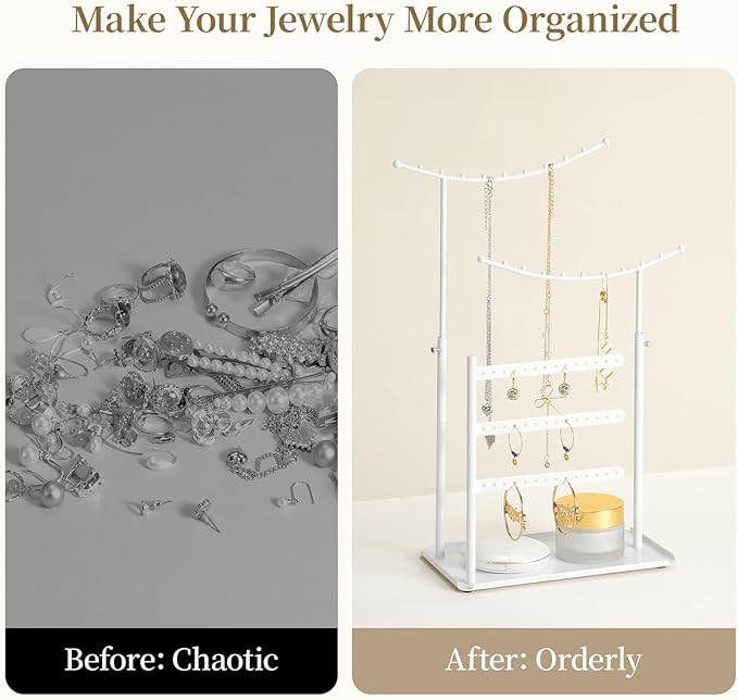 LAMU Jewelry Organizer, 5 Tier Jewelry Stand Display with Anti Entanglement Necklace Holder Tree, Height Adjustable Stroage for Earrings Rings Studs Bracelet, Christmas Gifts for Women Girls, White