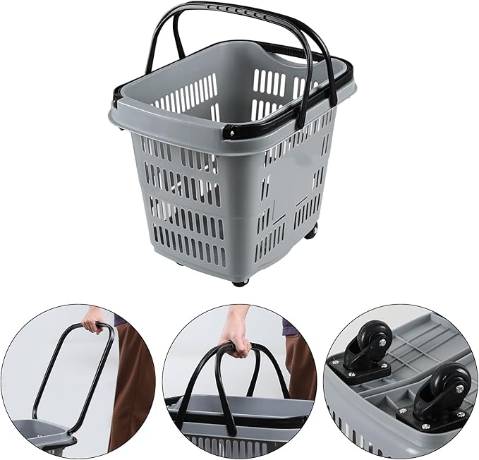 4 PCS Plastic Shopping Baskets with Wheels and Handles, 50 L Portable Rolling Shopping Basket Cart for Supermarkets and Retail Stores, Gray