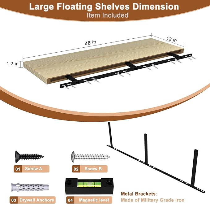 12 Inch Deep Floating Shelves for Wall 2 Pack Floating Shelfs Large Storage Space Wall Decor Display Shelf for Bathroom Living Room Bedroom Kitchen 48" W x 12" D x 1.2" H Natural Wood