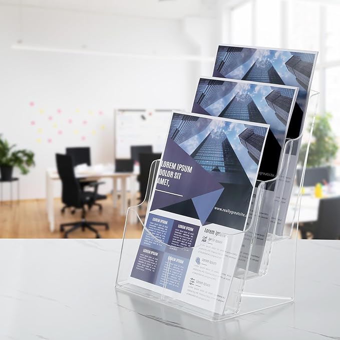 2Pack Acrylic Brochure Holder 8.5 x 11 inches, 3 Tier Clear Plastic Flyer Holder Display Stand, Wall Mount/Countertop Literature Organizer for Documents, Pamphlets, Booklets, and Menu