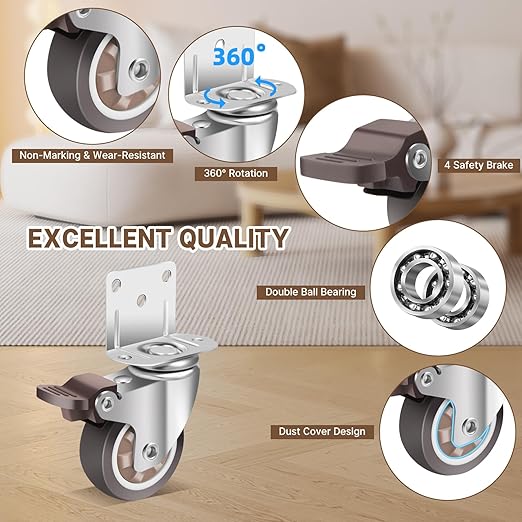 W B D WEIBIDA Side Mount Casters Wheels, 2 Inch L-Shaped Small Rubber Casters Set of 4, 360 Degree Ball Bearing Swivel Casters, Light Duty Casters Wheels for Furniture, Baby Beds, Cabinets, Tables