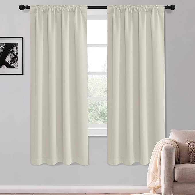 KGORGE 63 inch Curtains 2 Panel Set, Privacy Thermal Solid Insulation Noise Reducing Light Filtering Drapes for Living Room Nusery, Back Tab Rod Pocket, W52 x L63 inches, Beige, 2 Panels