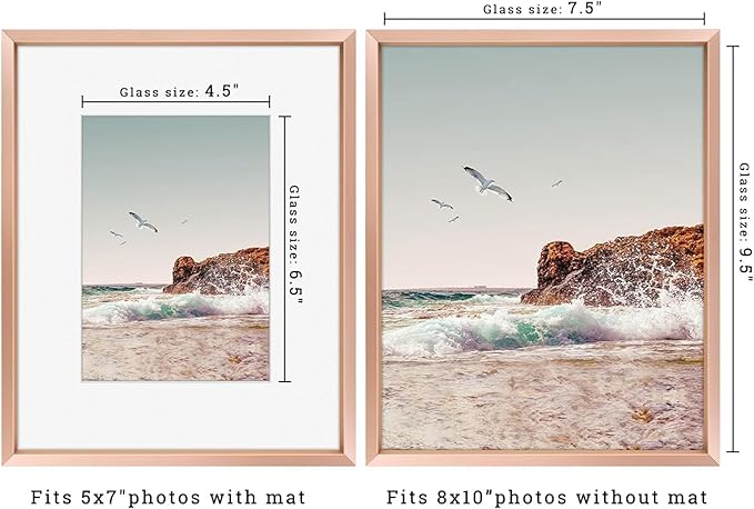Frametory, 8x10 Metal Picture Frame with Mat for 5x7 Picture & Real Glass, Aluminum Photo Frame Collection (Rose Gold, 2 Pack)
