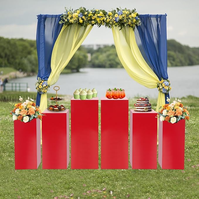 6pcs Metal Square Pedestal Stand, 23.6"/25.6"/31.5" Red Display Plinth Pillars for Party, Decorative Cube Sculpture Column, Tall Pedestal Cake Stands for Wedding Ceremony