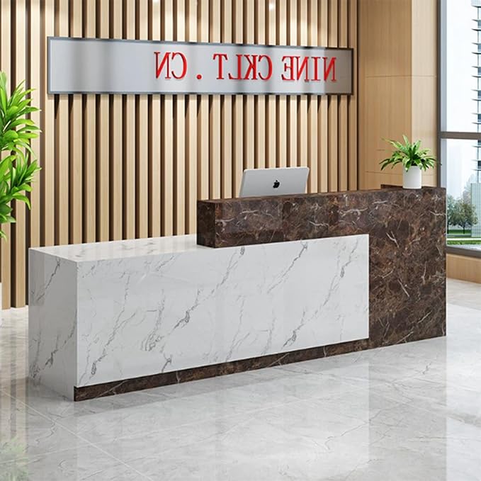 Wood Reception Desk Marble Stone with Checkout Retail Counter L Shaped Modern Mostrador para Negocio Office Desk Closed Front with Storage Drawers for Barber,Salon,Clothing Store