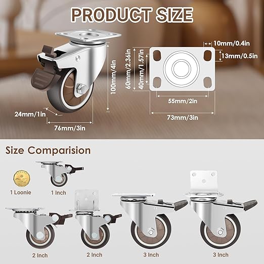W B D WEIBIDA 3 Inch Heavy Duty Casters Wheels Set of 4, Dual Locking Rubber Casters with 1000 LBS, 360 Degree Ball Bearing Swivel Casters, No Noise TPR Rubber Wheels for Cabinets, Workbench
