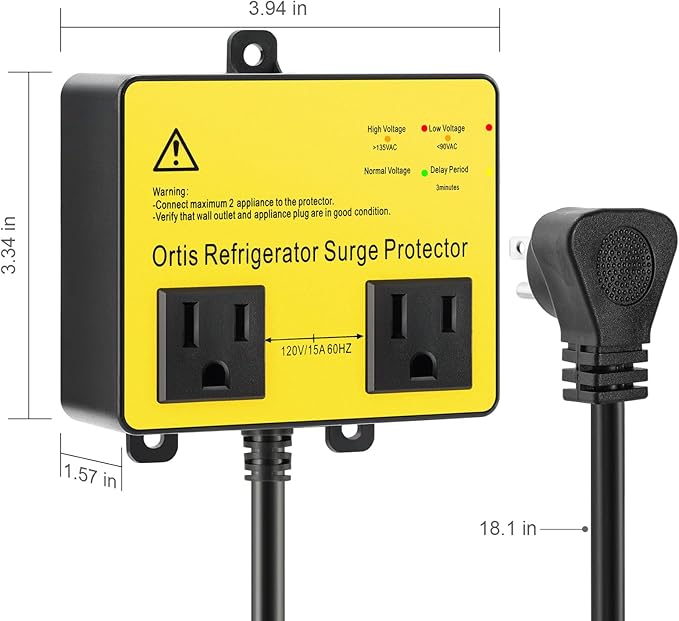 Refrigerator Surge Protector, Ortis Double Outlet Voltage Protector for Home Appliances with Time Delay, Protects Against Brownout, Spike, Instant Surge All Voltage Abnormalities, Yellow