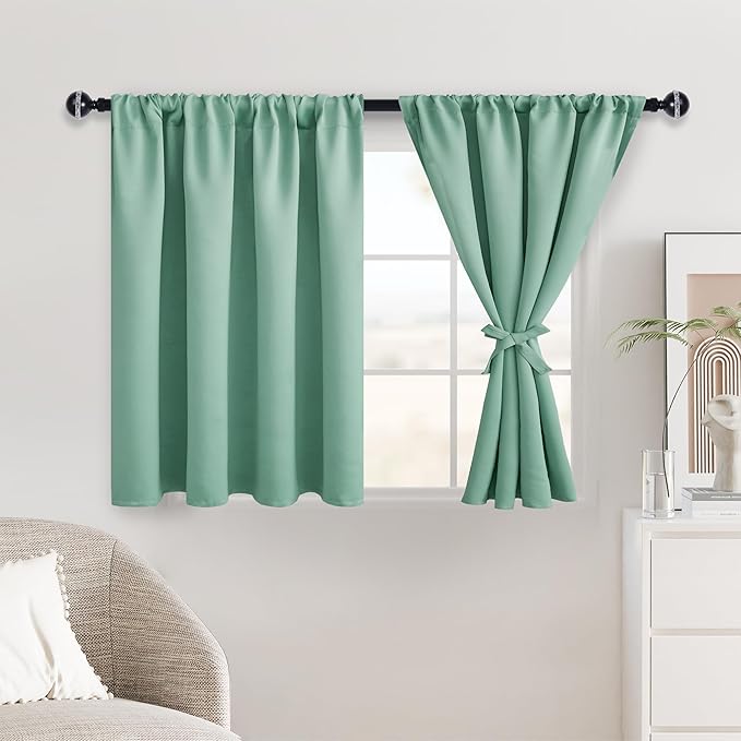 JIUZHEN Short Blackout Curtains for Small Window - Cafe Room Darkening Privacy Energy Saving Half Window Curtains Tiers for Bathroom,Kitchen, W 42 x L 36, Set of 2 Panels with Tiebacks,Sage Green