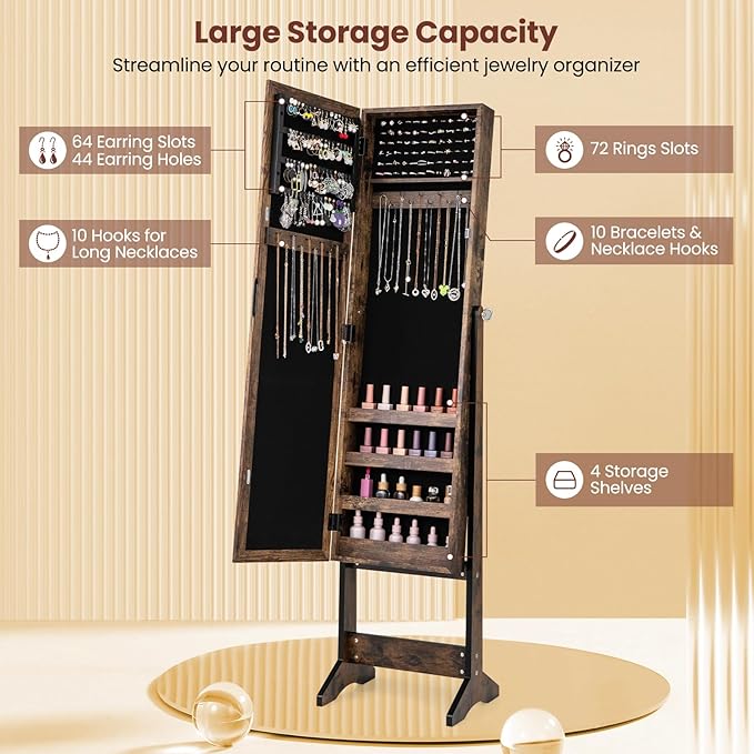 Giantex Jewelry Cabinet with Full-Length Mirror, Standing Jewelry Armoire Organizer with 64 Earring Slots, 20 Necklace Hooks, 72 Ring Slots, 4 Storage Shelves, 3 Angle Adjustable, Rustic Brown