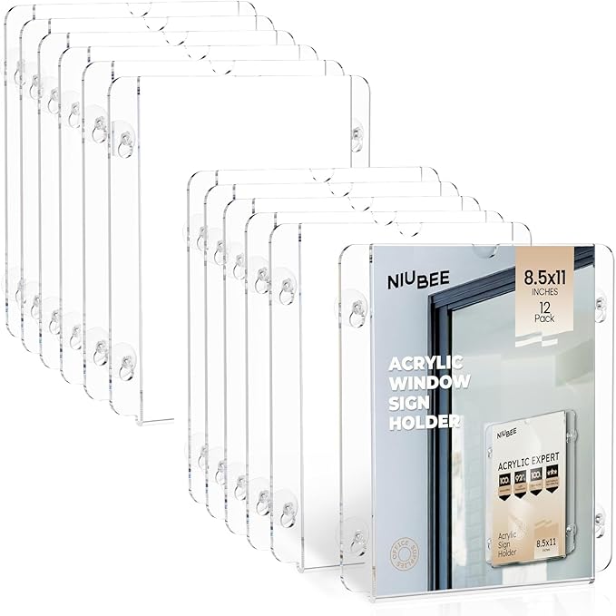 NIUBEE Acrylic Window Sign Holder with Suction Cups 8.5 X 11, Clear Acrylic Frames Glass Door Mount, Displaying Artworks, Menus, for Office, School Hallway, Home, Restaurant (12 Pack)