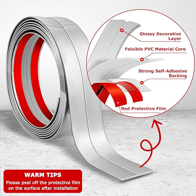 Flexible Wall Corner Protector Moulding Trim Peel and Stick Wall Corner Guards Edge Protector Self Adhesive Molding Trim Strip for Edge Ceiling (Silver, 0.8 in x 20 Ft)