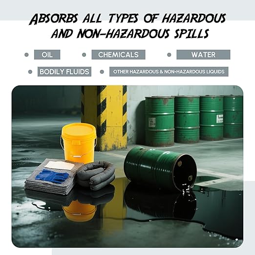 29 Pcs Universal Spill Kit Portable Complete 2.6 Gallon Spill Kit, Absorbs Oils Water and More, Yellow Bucket, 20 Absorbent Pads, 2 Pcs 3" x 4' Sorbent Socks, 5 Disposal Bags, PVC Gloves