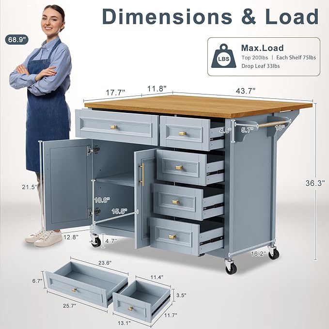 52" Retro Kitchen Island with Storage, Embossed Texture Kitchen Island on Wheels with Drop Leaf, Adjustable Shelf & Oak Veneer Tabletop, Spice/Towel Rack, Blue