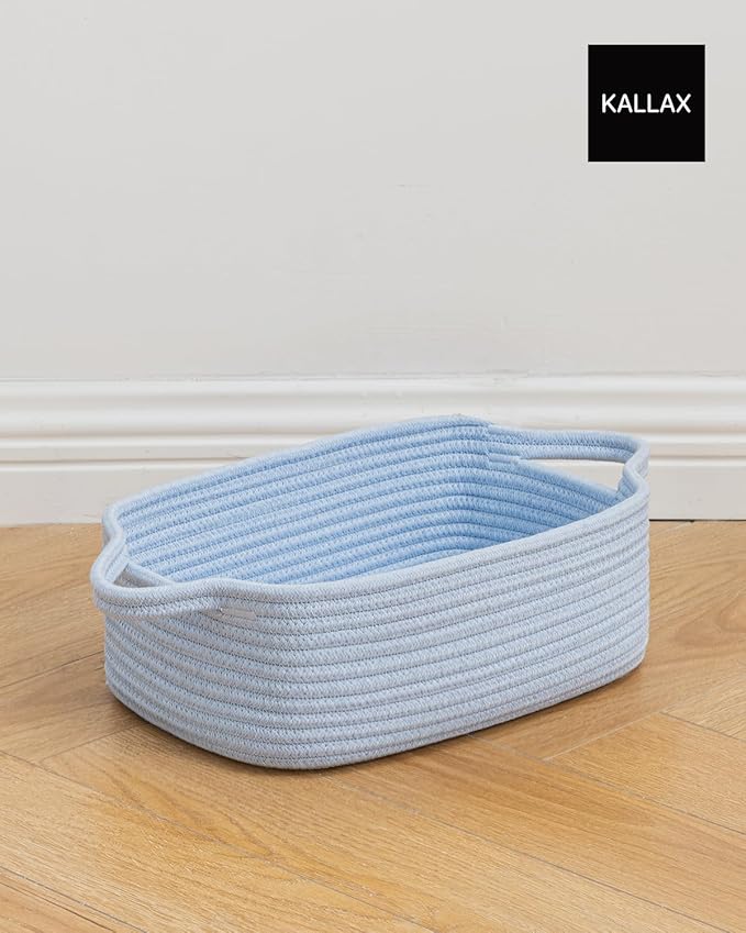 KALLAX Small Woven Basket, 12 x 8 x 4.5 Inches, Small Storage Baskets for Organizing, Gift Baskets Empty, Cute Rope Shelf Closet Storage Bins for Shelves, Dog Toy Basket, Light Blue