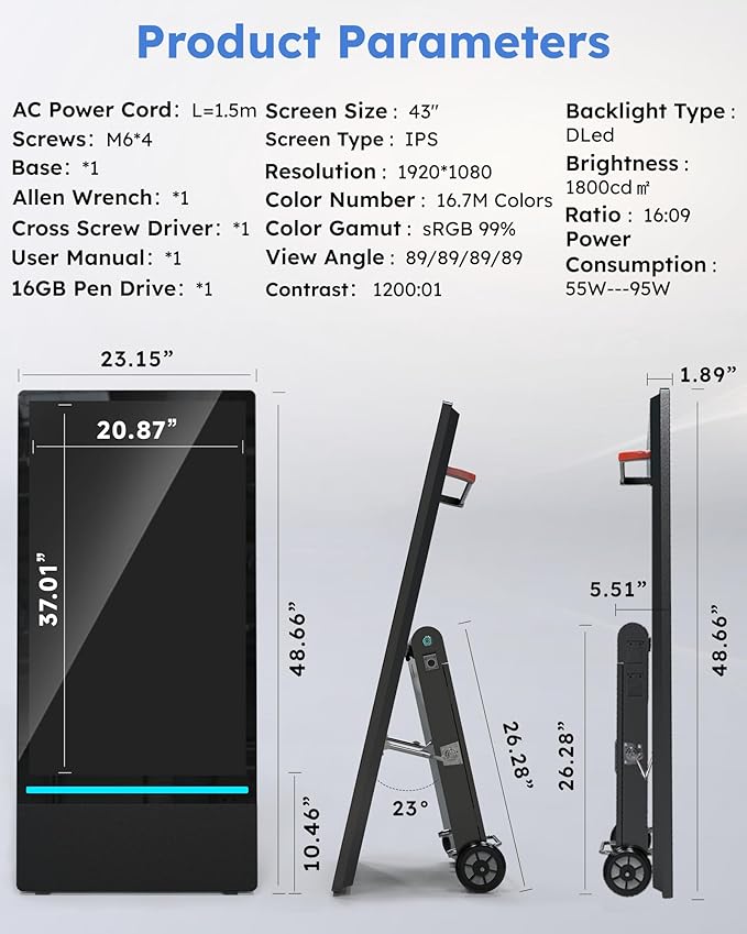 HARZHI 43 Inch Outdoor Digital Signage Display, Portable Powered High Brightness Screen Advertising Display Kiosk, Movable Waterproof Standing Poster, Business Helper, Android OS MWE
