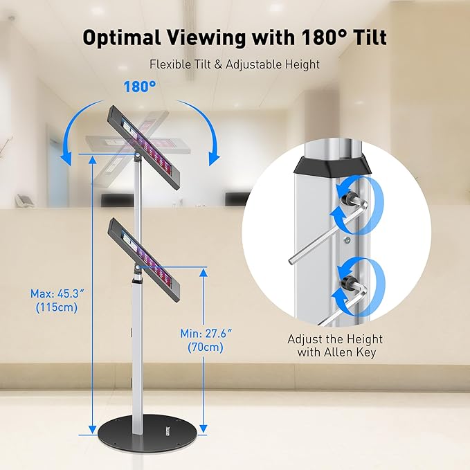 AboveTEK Anti Theft iPad Floor Stand, Robust Security Kiosk POS Tablet Stand, Height Adjustable Tablet Floor Stand w/Lock and Key Mechanism for 10.9-11" iPad & Galaxy Tab, Ideal for Retail Business