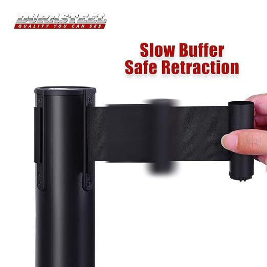 DuraSteel Crowd Control Barriers Line Dividers - Metal Stanchion Posts with 6.5ft Black Retractable Belt Ropes - for Store Queues, Airport Lines, Event Entries - 6 Set/Pack