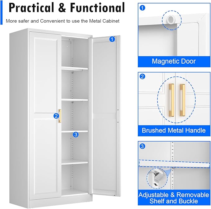 White Kitchen Pantry Cabinet, 71 Inch Tall Metal Storage Cabinet with Doors and Shelves, Pantry Cabinets for Kitchen Storage, Freestanding Cupboard for Living, Dining Room, Assemble Required