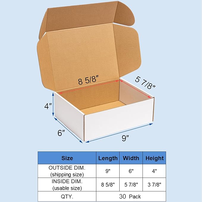 Shipping Boxes 9x6x4 inches 30 Pack White Corrugated Cardboard Mailing Box for Small Business - Literature Mailer Mail Packaging Supplies
