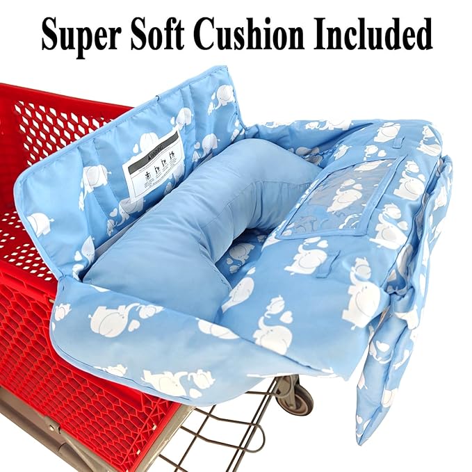 Love&go Soft Pillow Attached 2-in-1 Shopping Cart and High Chair Cover for Baby, Cotton Padded Cart Cover, Fold'n Roll Style, Portable with Carry Bag (Blue Elephant)