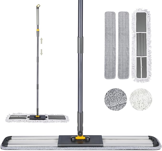 36 Inch Commercial Industrial Floor Mop, Long Handle, Washable Cotton and 2 Microfiber Mop Pads, Heavy Duty Wet and Dry for Hardwood, Tiles, Laminate