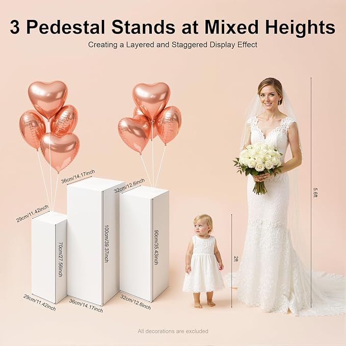 3Pcs Square Pedestal Stands for Parties, White Metal Display Plinth Pillars, for Birthday Wedding Bridal Baby Shower Party Decorations, 27.5, 35.5, 39 Inches Tall