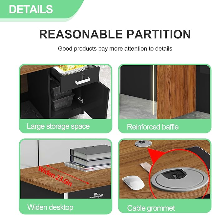 L Shaped Reception Desk with Lockable Drawer and Cable Grommets Front Desk Retail Checkout Counter Table for Salon Lobby Shop Office Reception Room Wood and Black Left 63inch/160cm