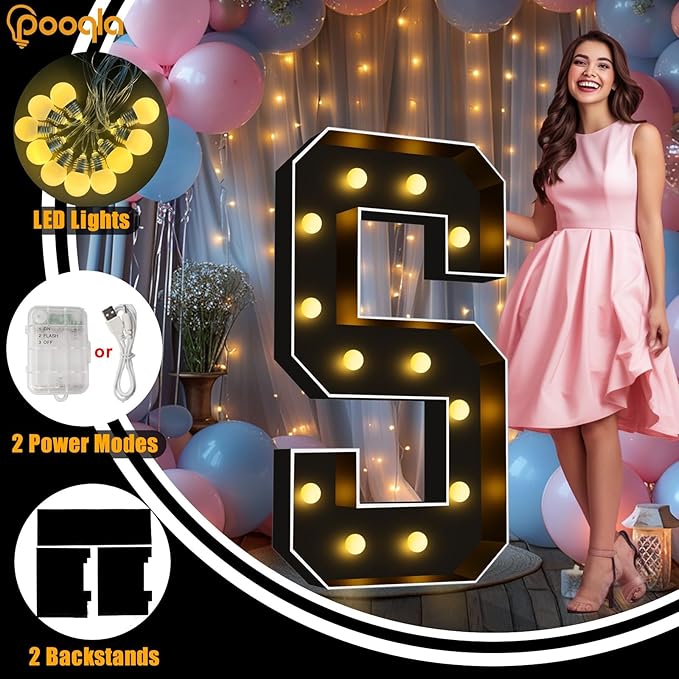 Pooqla 4 FT Marquee Light Up Letters, Black Marquee Letter Lights 4 Feet Tall, Giant Letter Sign Big Mosaic Letters for Balloons Birthday Party Anniversary Wedding Decorations, Warm White Letter F