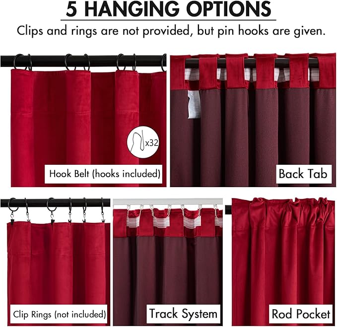 MIULEE Christmas Velvet Curtains 96 Inches Long 2 Panels Set for Bedroom, Pinch Pleat Back Tab Thermal Insulated Living Room Darkening Drapes Pleated Blackout Floor to Ceiling Curtain with Hooks, Red