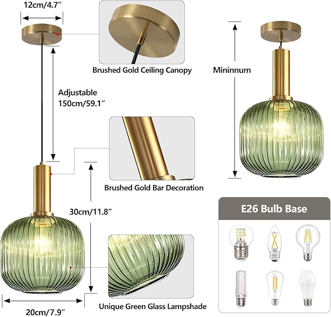 KCO Lighting Vintage Green Glass Pendant Light Kitchen Island Lighting Farmhouse Ribbed Glass Pendant Lighting Large Globe Pendant Light Fixture Brass Gold Single Ceiling Hanging Light