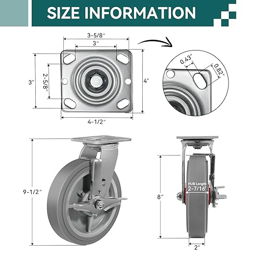 8'' × 2'' Caster Wheels, Heavy Duty Industrial Casters, Rubber Wheels with Roller Bearing, Load 1000lbs per Swivel Caster for Cart Dolly Toolbox Trolley (2 Brake)