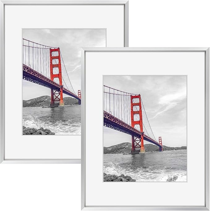 Frametory, 11x14 Metal Picture Frame with Mat for 8x10 Picture & Real Glass, Aluminum Photo Frame Collection (Silver, 2 Pack)