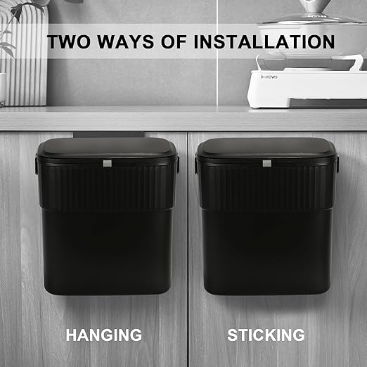 ELPHECO Hanging Trash Can with Lid 2.5 Gallon Kitchen Compost Bin for Under Sink, Plastic Wall-Mounted Garbage Can, Small Kitchen Trash Bin, Small Trash Can with Lid for Office, Bathroom, Black