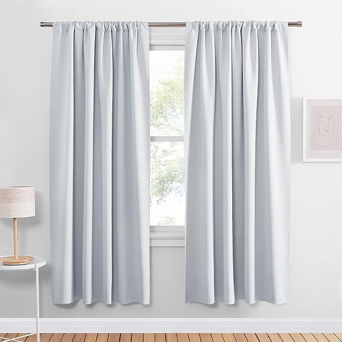 PONY DANCE 63 inch Length Curtains - Room Darkening Kitchen Solid Thermal Draperies Rod Pocket Short Panels Drapes for Bedroom Window Treatments, 52 W by 63-inch L, Greyish White, 2 PCs