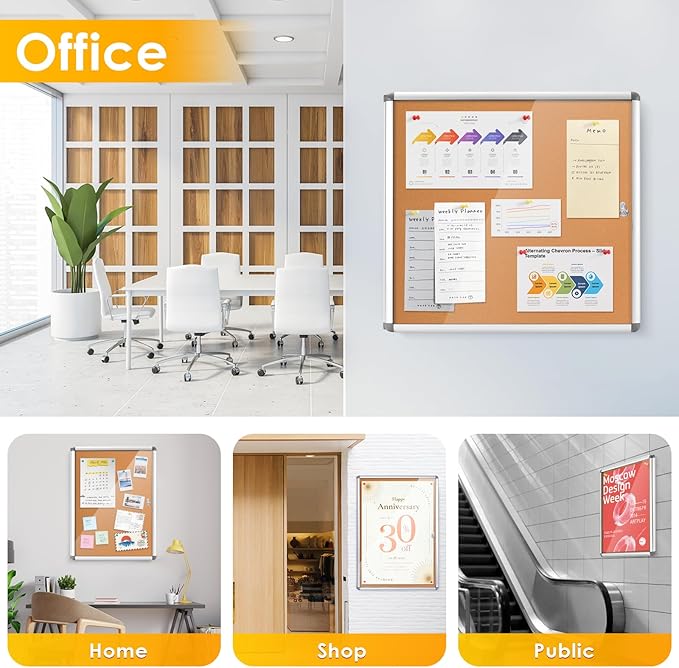 SWANCROWN Enclosed Bulletin Cork Board 24x18 in, Lockable Bulletin Board Tamperproof Wall Display Case for Office School Trade Community, Aluminum Frame